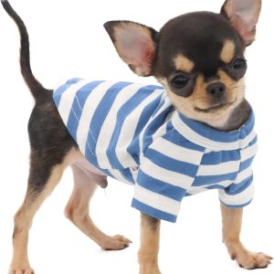 100% Breathable Cotton Striped Dog Tee Shirt T-Shirt for Small Dogs Teacup Chihuahua Yorkie Puppy Clothes -Blue and White Strips/XS