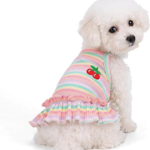 Cute Striped Dog T Shirts Cherry Puppy Dress Soft Cotton Pet Sleeveless Vest Clothes Spring Summer Pet Outfits for Small Dogs Cats Girl (Pink, Small)