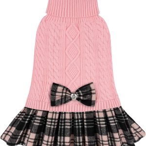 Dog Sweater Thick Dogs Clothes with Bowtie Comfy Knitwear Dog Sweaters for Small Dogs Girl Stretchy Cat Sweaters Soft Turtleneck Pet Sweater Dress Warm Pullover Pet Coats, Pink, Small