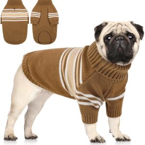 Dog Striped Knitted Sweater, Turtleneck Pullover Pet Coat, Dog Winter Clothes with Leash Hole for Small Medium &Large Dogs(Brown,M)