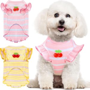 2 Pack Striped Dog T Shirt Cute Cherry Girl Dog Clothes for Small Dogs Cats Breathable Soft Cotton Pet Puppy Sleeveless Vest Spring Summer Pet Outfits（Pink+Yellow,Small）