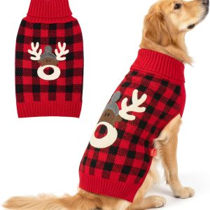 Dog Christmas Sweater with Reindeer Pattern, Cozy Holiday Outfit, Red Buffalo Plaid Knitwear, Turtleneck Dog Sweater for Medium Dogs with Leash Hole, Soft Warm Pet Clothes, XX-Large