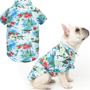 Dog Hawaiian Shirt - Dog Summer Clothes, Breathable Polo T-Shirts with Floral and Sea Island Pattern,Puppy Outfit,Shirt for Small Medium Large Dogs Boy and Girl in Hot Days,Light Blue,L