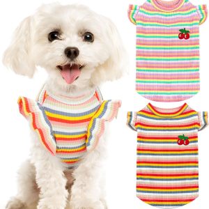 2 Pack Cute Striped Small Dog T Shirts Soft Cotton Girl Dog Clothes Breathable Pet Puppy Cats Vest Spring Summer Pet Outfits（Pink+Orange,Large）