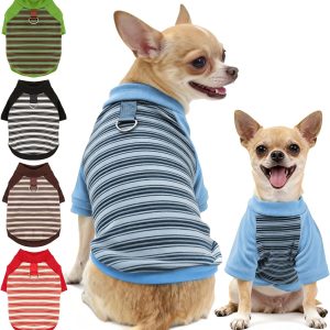 Fleece Dog T-Shirt with Leash Ring Lightweight Stretchy Dogs Clothes Striped Short Sleeves Pet Sweatshirt Soft Dog Shirts for Small Dogs Chihuahua, Dachshund, Yorkie（Blue,Large）