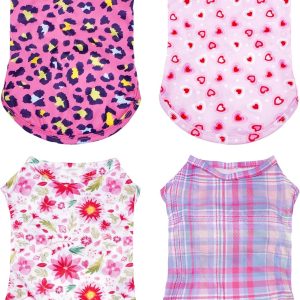 4 Pack Paw Bone Printed Dog Clothes Shirts Soft Vest Lightweight Sleeveless Cats Doggies T-Shirts Puppies Tank Top Tee for Small Medium Dogs White Black Pink Blue (Small, Pink for Girls)